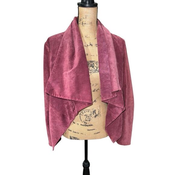 American Glamour Badgley Mischka Suede Open Front Jacket Large Burgundy - Picture 1 of 8